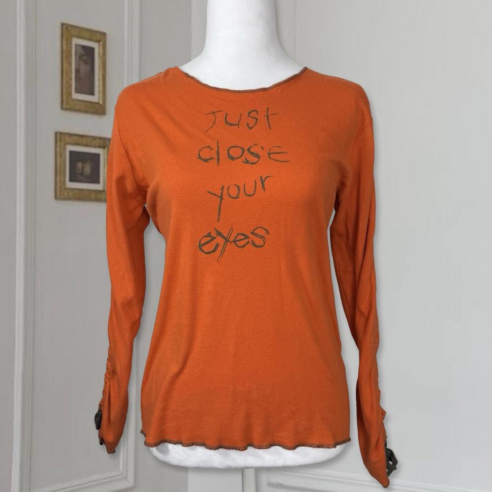 Y2K Euro Subversive Orange Long Sleeve Scribble Text Top